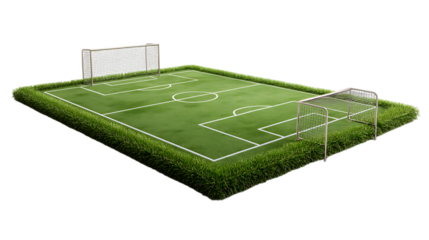 A soccer field with green grass and white lines isolated on transparent background