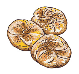 Buns three sweet soft fresh pastries, dessert, flour high-calorie tasty food, bakery, cafe, sketch, realistic hand drawing, vector illustration