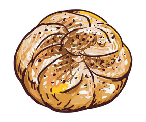 One bun sweet soft fresh pastry, dessert, flour high-calorie tasty food, bakery, cafe, sketch, realistic hand drawing, vector illustration