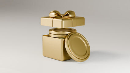 동전이 쌓아져 있는 리본이 달린 선물 상자