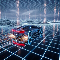 Futuristic Cyberpunk Car on a Neon Grid High-Tech Automotive Concept