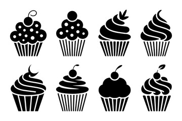 silhouette of delicious cupcakes with various toppings 