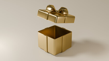 뚜껑이 오픈되어 있는 골드 박스로 만들어진 선물 상자