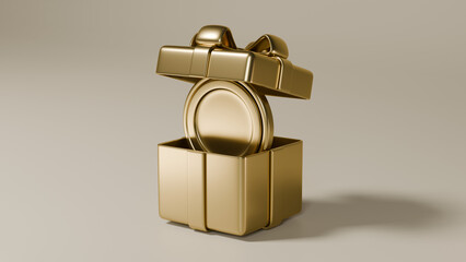 골드로 만든 뚜껑이 열려있는 선물 상자와 골드 동전