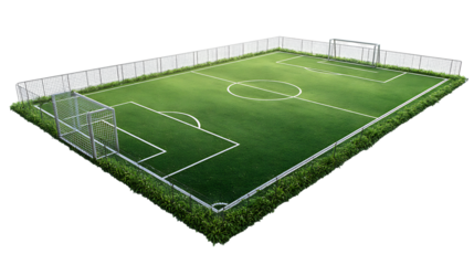 Aerial view of a vibrant green soccer field with white lines isolated on transparent background