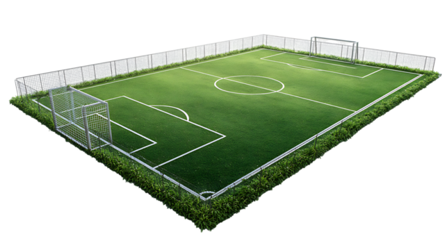 Aerial view of a vibrant green soccer field with white lines isolated on transparent background