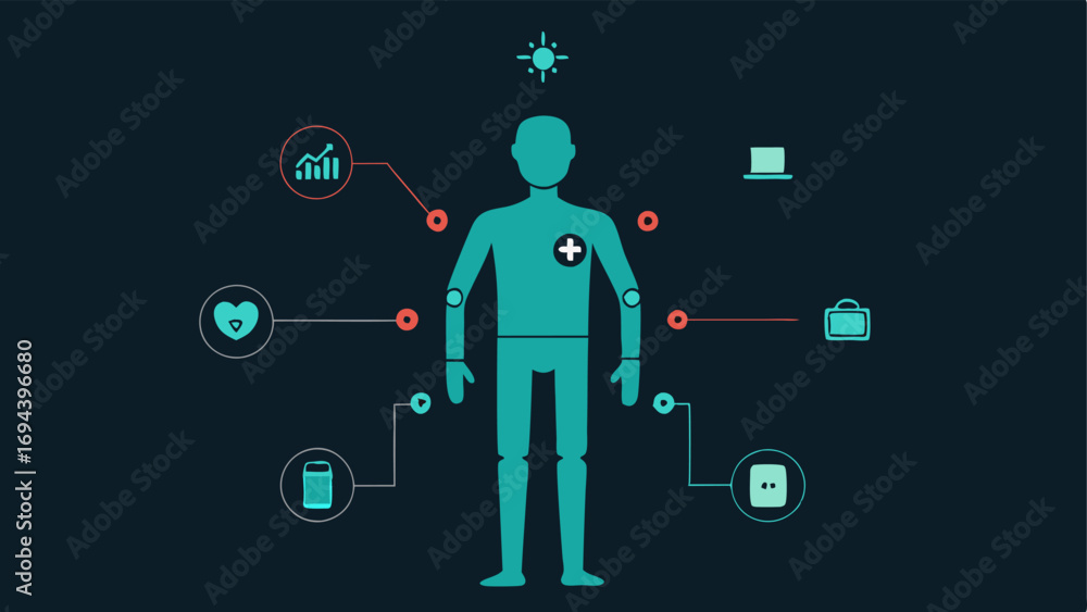 Poster anatomical chart a simplified human body diagram with highlighted and small icons indicating various