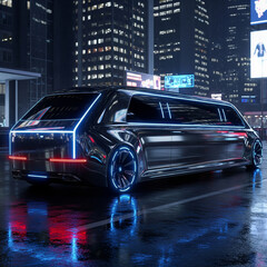 Sleek futuristic limousine illuminated by neon lights parked on a wet city street at night, reflecting the vibrant urban energy and modern luxury transportation