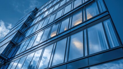 Modern Office Building Exterior with Glass Facade Reflecting Sky, Architecture and Business Growth