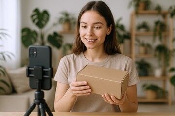 Enthusiastic Woman Records Unboxing Video with Smartphone, Displaying Product in Cardboard Box Against Green Plant Backdrop