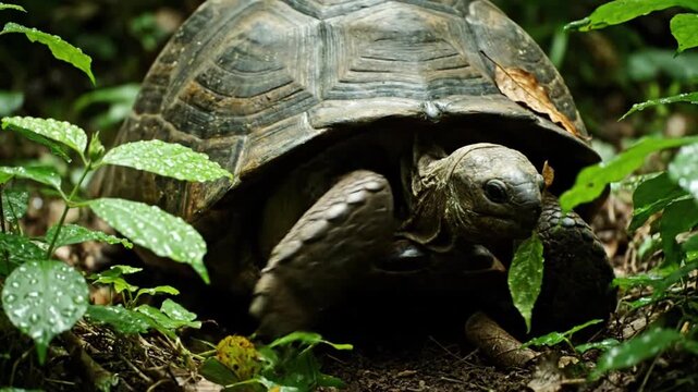 A majestic giant tortoise with a rough, textured shell slowly emerges from lush green foliage in a natural jungle setting