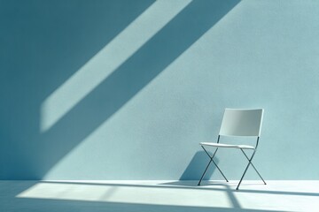 A minimalist interior scene showcases a single white chair against a light teal wall, illuminated by sunbeams casting dramatic shadows.