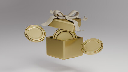 리본 장식이 달린 금속 재질 선물 상자와 흩날리고 있는 골드 동전