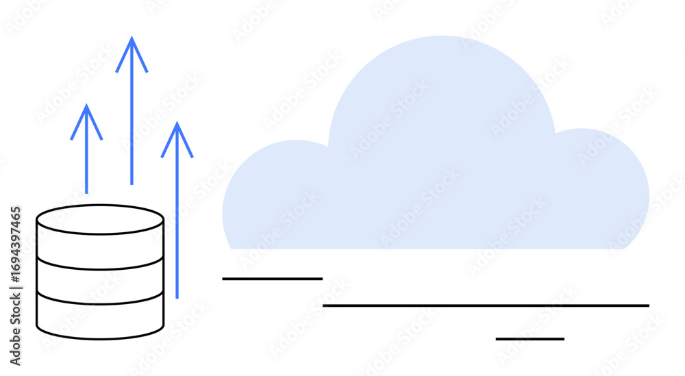 Poster cloud, storage database with up arrows suggesting data transfer or growth. ideal for cloud computing