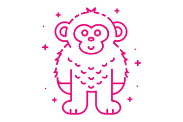 Pink outline art portrays a playful monkey character standing against the white backdrop with confetti