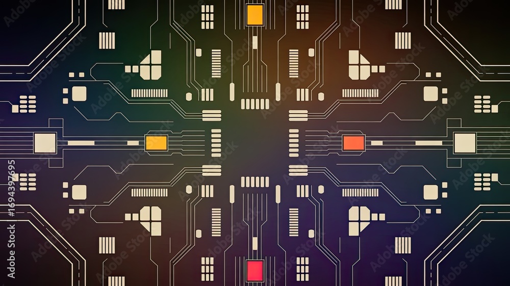 Poster futuristic symmetrical high-tech digital circuit board design with glowing elements and data flow