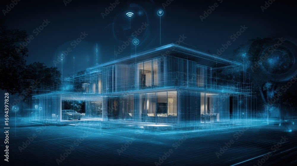 Poster smart home technology integration: futuristic house design with wireless connectivity and automation