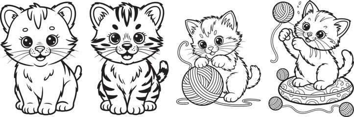 Four cartoon kittens playing with balls of yarn in black and white animal cute