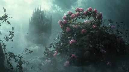 Mystical Garden Scene - Roses and Fog in a Dreamlike Atmosphere.