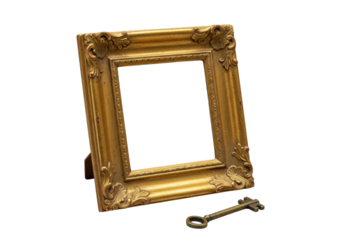 Ornate antique distressed gold picture frame tilted at 45 degrees, a small aged brass key resting beside it on a seamless transparent background with diffused studio light. Concept of antique elegance