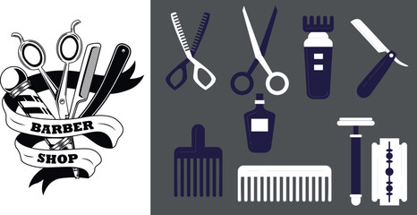 Set of barbershop vector icons isolated on white background, haircut salon tools and design elements collection