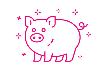 Pink outline drawing reveals cute pig with curled tail on a white background