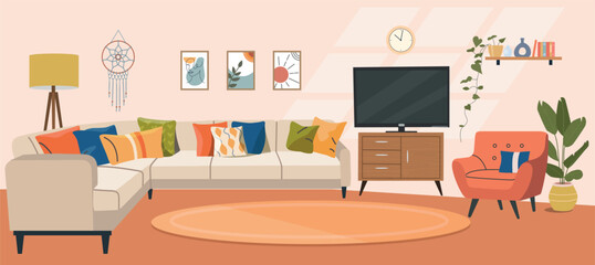 Living room interior. Comfortable sofa, chair, TV and house plants. Vector flat cartoon illustration