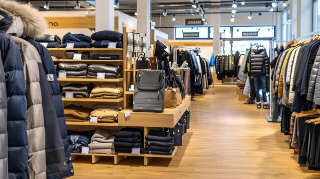 Customers explore a well-organized retail space filled with winter clothing options, including jackets and warm sweaters