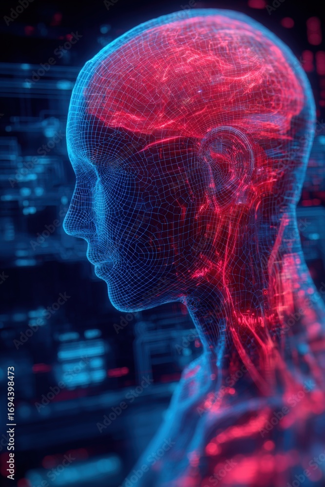 Poster digital human anatomy visualization with red and blue neural network technology interface presentati