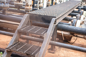 An overpass walkway across the production pipeline at the petrochemical and refinery plant....