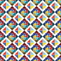 seamless geometric pattern, A colorful geometric design with bold diamond and triangle shapes, resembling a pixel-art tapestry.