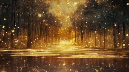 Enchanted Forest Path Illuminated by Golden Bokeh Lights and Mystical Haze.