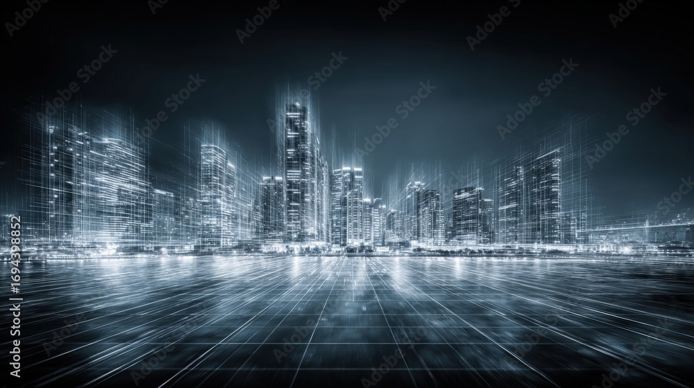 Poster futuristic cityscape with abstract digital grid overlay: high-tech urban design with data stream vis