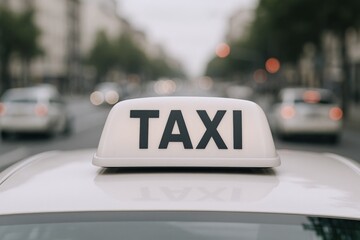 Taxi rooftop sign in city street setting conveying urban transportation and passenger service accessibility