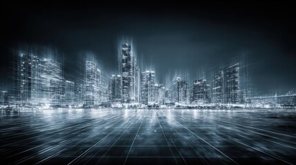 Futuristic Cityscape with Abstract Digital Grid Overlay: High-Tech Urban Design with Data Stream Visuals