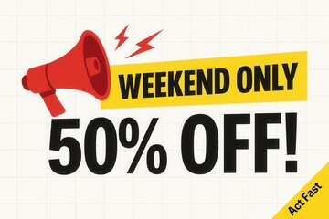 Weekend only 50% OFF discount offer banner, bold and dynamic style, urgent retail sale promotion.