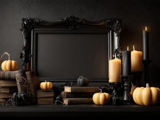 Dark Halloween Mockup with Pumpkins and Candles for Spooky Season Decor and Festive Celebrations