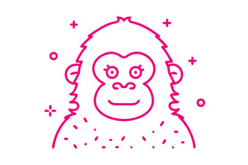 Pink outline drawing shows a smiling cartoon orangutan surrounded by whimsical elements