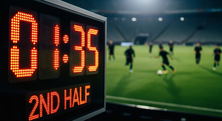 A digital scoreboard displays "01:35" and "2ND HALF" with blurred soccer players in action on a well-lit stadium field during a match.