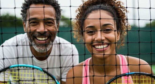 Father and daughter share a smile and enjoy playing tennis together behind the net on the tennis court with rackets in hand.