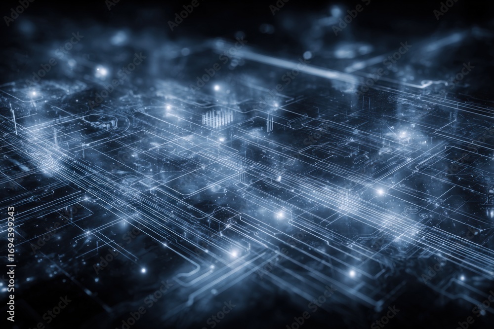 Poster abstract futuristic circuit board design with glowing lines, represents technology and innovation, h