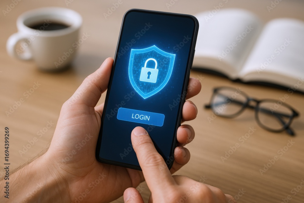 Poster mobile security concept: person using smartphone with lock icon for data protection and privacy