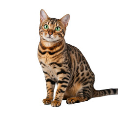 Adult purebred Bengal cat with rosetted tabby coat, emerald eyes, graceful pose, direct eye contact, catnip on clean transparent studio background. Concept for pet product advertising