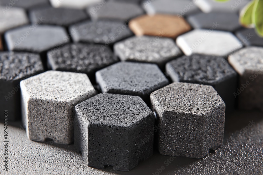 Poster Hexagonal Concrete Pavers Arrayed in Varied Gray Tones, Showing Texture and Pattern for Exterior Design