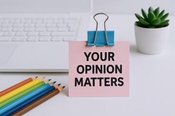 Your Opinion Matters Note on Desk with Laptop and Succulent Plant, Feedback and Appreciation