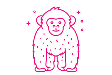 Pink outline of a chimpanzee stands against the white backdrop with playful shapes surrounding