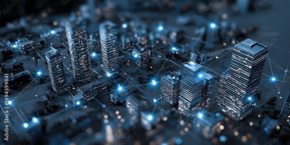 Poster digital cityscape: futuristic network connections and modern architecture visualization for urban te