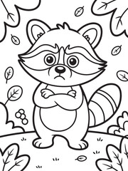 Obraz premium Cartoon raccoon with arms crossed looking grumpy surrounded by leaves animal illustration