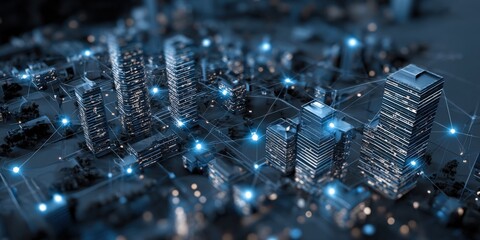 Digital Cityscape: Futuristic Network Connections and Modern Architecture Visualization for Urban Technology Concepts