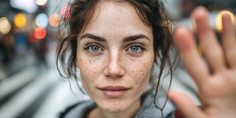 Close-up portrait of a woman with freckles, showcasing expressive eyes and a thoughtful expression against a softly blurred urban backdrop.
